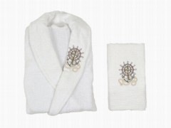 Set Robe - Scar Embroidered 100% Cotton Single Bathrobe Set White 100329402 - Turkey