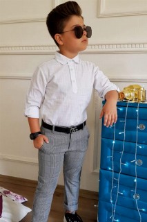 Boys Gray Bottoms Top Suit With Plaid Pants and Belt 100328126