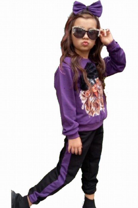 Girl Clothing - Boys' Lace Bow Sweet Girl Purple Tracksuit Suit 100327013 - Turkey