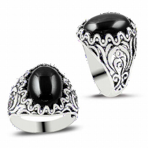 Silver Rings 925 - خاتم فضة بحجر الزركون الأسود البيضاوي 100348948 - Turkey