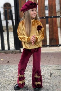 Kids - Girl's Spanish Trousers Guipure Detailed Velvet Mustard Bottom Top Set 100327037 - Turkey