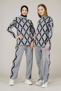 Cloth set - Women's Diamond Patterned Double Colored Double Knitwear Suit 100352575 - Turkey