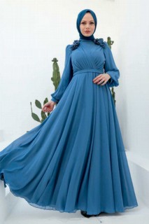 Woman - Blue Hijab Evening Dress 100339563 - Turkey