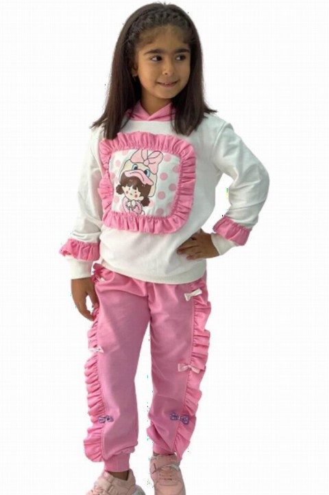 Tracksuits, Sweatshirts - Girl Duck Printed Ruffle Detailed Hooded Pink Tracksuit Suit 100330970 - Turkey
