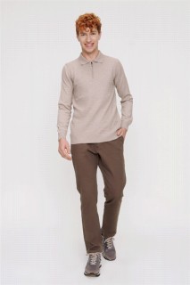 Men's Beige Dynamic Fit Zippered Polo Neck Knitwear Sweater 100345119