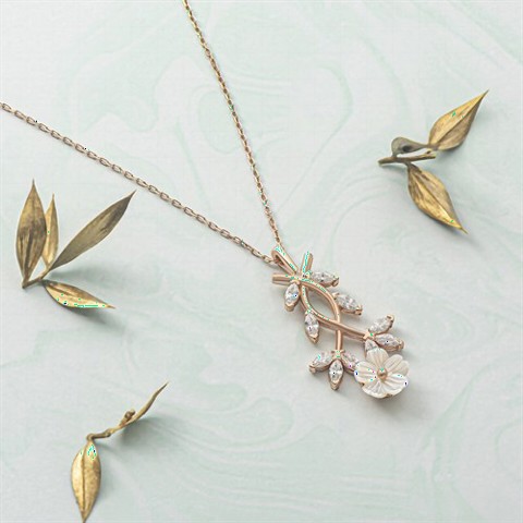 Necklaces - Branch Motif Snowdrop Flower Embroidered Silver Necklace 100349785 - Turkey
