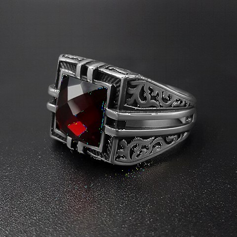 Red Square Stone Strip Pattern Sterling Silver Ring 100350252