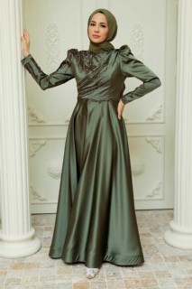 Woman - Khaki Hijab Abendkleid 100341601 - Turkey