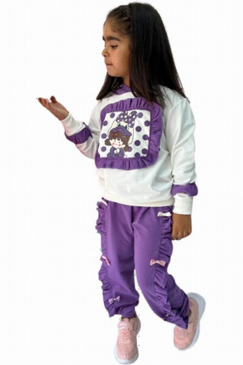Tracksuits, Sweatshirts - Girl Duck Printed Ruffle Detailed Hooded Purple Tracksuit Suit 100330969 - Turkey