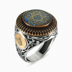 Men Shoes-Bags & Other - Seal of Prophet Solomon Embroidered Zircon Stone Silver Men's Ring Blue 100348147 - Turkey