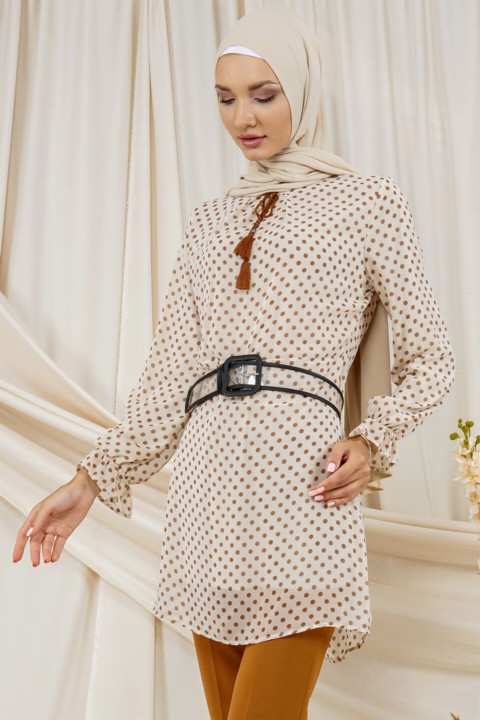 Women's Polka Dot Patterned Belted Tunic 100342648