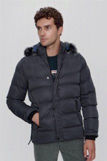 Men Clothing - Mens Gray Alberta Dynamic Fit Comfortable Fit Zipper Long Inflatable Quilted Hooded Coat 100351463 - Turkey