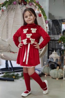 Girl's Teddy Bear Embroidered Velvet Claret Red Skirt Suit 100326930