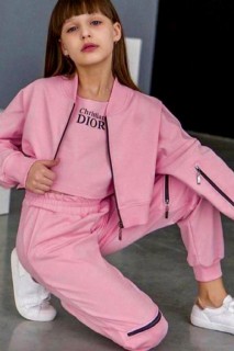 Tracksuits, Sweatshirts - Girl's Christian Printed Zipper Detailed 3-Piece Pink Tracksuit Set 100344673 - Turkey