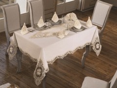 Table Cover Set - French Guipure Elite Table Cloth Set 18 Pieces Ecru Gold 100259634 - Turkey