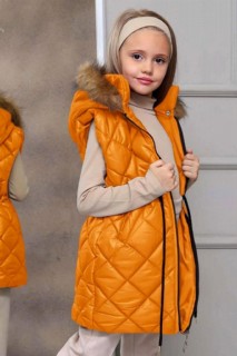 Girl's Rope Detailed Hooded Wool Inflatable Vest Yellow Bottom Top Set 100344689