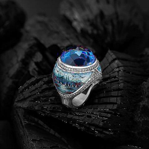 Istanbul Scenery Embroidered Blue Zircon Stone Silver Ring 100349392