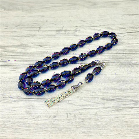 Navy Blue Color Silver Tassel Detailed Fire Amber Rosary 100349377