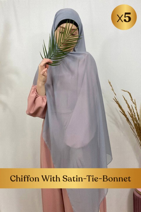 Woman Bonnet & Hijab - الشيفون مع بونيه  ربطة و ساتان - ٥ عدد بالكرتون - Turkey