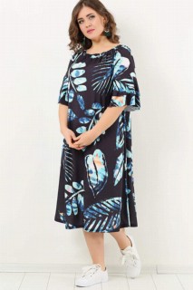Young Plus Size Adjustable Collar Leaf Pattern Dress Black 100276285