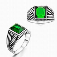 Zircon Stone Rings - Green Baguette Zircon Stone Silver Ring 100346379 - Turkey