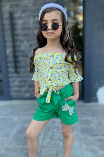 Kids - Girl Zitrone bedruckte Trägerbluse Grün Shorts Set 100328523 - Turkey