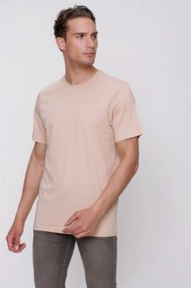 Men Clothing - Men's Beige Basic Plain 100% Cotton Crew Neck Dynamic Fit Relaxed Fit Short Sleeved T-Shirt 100351374 - Turkey