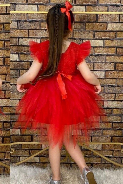 Girl's Shoulder Tulle Fluffy Red Evening Dress 100326797