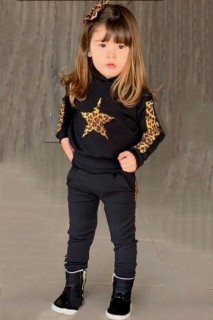 Girl Leopard Pattern Star Detailed Long Sleeve Black Tracksuit Suit 100328629