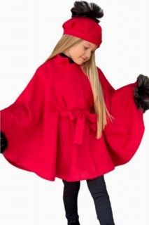 Coat, Trench Coat - Girl's Cachet Poncho 5 Pieces Red Poncho With Leather Leggings 100344661 - Turkey