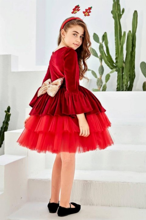 Girl's Spanish Sleeve Katkat Tulle Velvet Red Evening Dress 100327090