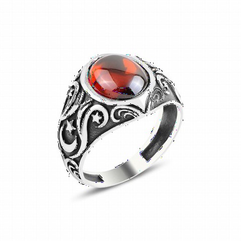 Zircon Stone Rings - Red Zircon Stone Men's Sterling Silver Ring 100349215 - Turkey