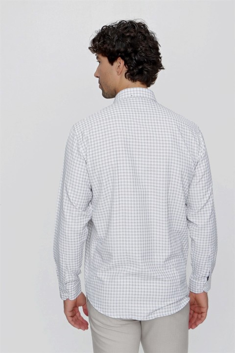 Men's Beige Pearl Plaid Pocket Regular Fit Wide Cut Shirt 100351045