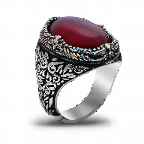 Agate Stone Embroidered Silver Men's Ring 100348678