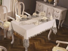 Table Cover Set - French Guipure Jasmine Table Cloth Set 18 Pieces Ecru Silver 100259631 - Turkey