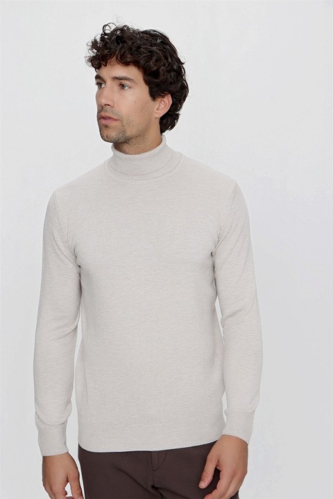 Men's Beige Basic Dynamic Fit Relaxed Fit Full Turtleneck Knitwear Sweater 100345150