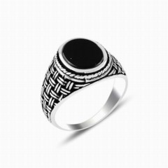 Black Plain Onyx Stone Straw Knitted Patterned Silver Ring 100347887