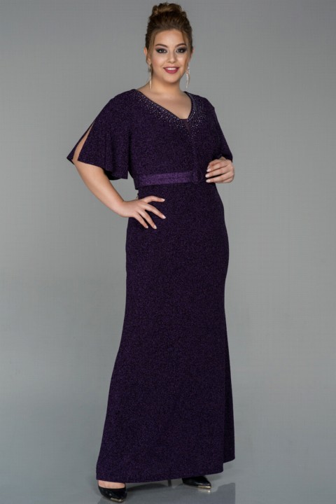 Plus Size - Robe de soirée longue manches courtes col en V argentée robe de soirée grande taille 100296844 - Turkey