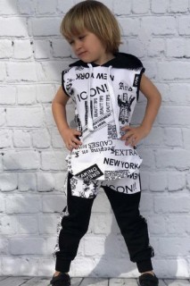 Tracksuit Set - Boy's Black-White Tracksuit with Hooded New York Print and Kangaroo Pocket 100327519 - Turkey