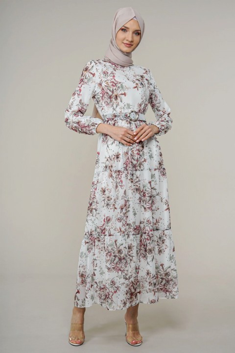 Clothes - Women's Floral Patterned Chiffon Dress With Belt 100325996 - Turkey