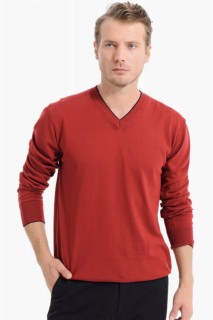 Knitwear - Men's Dark Claret Red Basic Dynamic Fit V Neck Knitwear Sweater 100345071 - Turkey