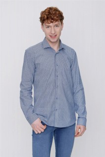 Shirt - Men's Blue 100% Cotton Poplin Patterned Slim Fit Slim Fit Shirt 100350757 - Turkey