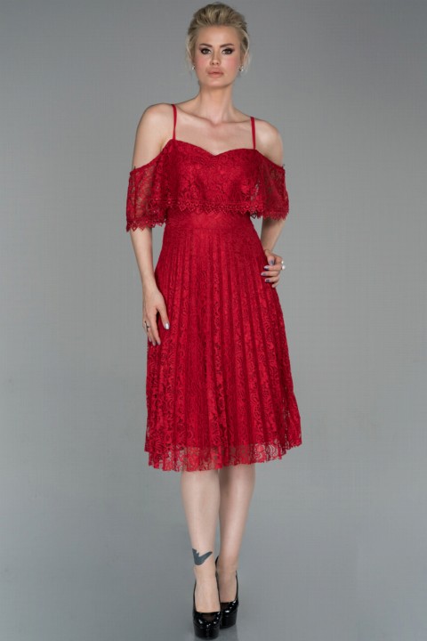 Wedding & Evening - Evening Dress Midi Short Sleeve Off Shoulder Lace Invitation Dress 100296659 - Turkey