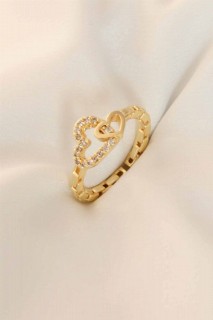 Rings - Zircon Stone Heart Figure Gold Color Women's Ring 100327645 - Turkey