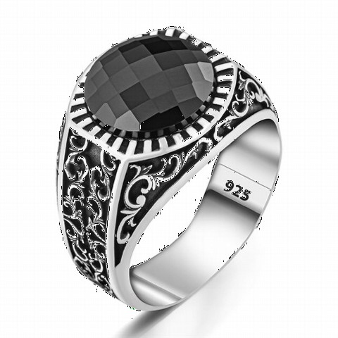 Ottoman Pattern Black Zircon Stone Silver Ring 100350330