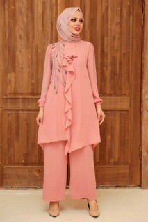 Outwear - Salmon Pink Hijab Suit Dress 100332899 - Turkey