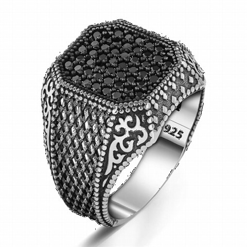 Edge Patterned Micro Stone Silver Ring 100350298