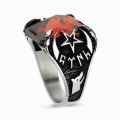 Zircon Stone Rings - Zircon Stone Sterling Silver Ring with Crescent and Star on the Sides, Göktürk Turkish and Homeland Written 100348105 - Turkey
