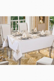 Tulip Embroidered Lacy 12 Person Table Cloth Set Cream Cappucino 100259550
