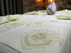 Table Cover Set - Handcrafted Violet with French Lace 34 Piece Placemat Set Cream 100330825 - Turkey
